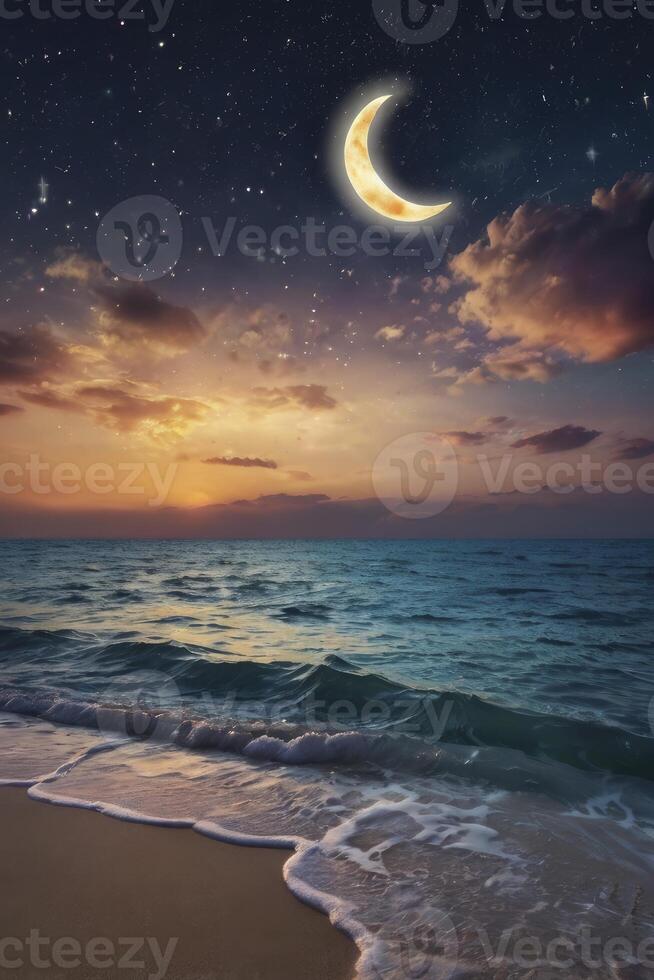Ocean Waves at Night with Crescent Moon and Starry Sky photo