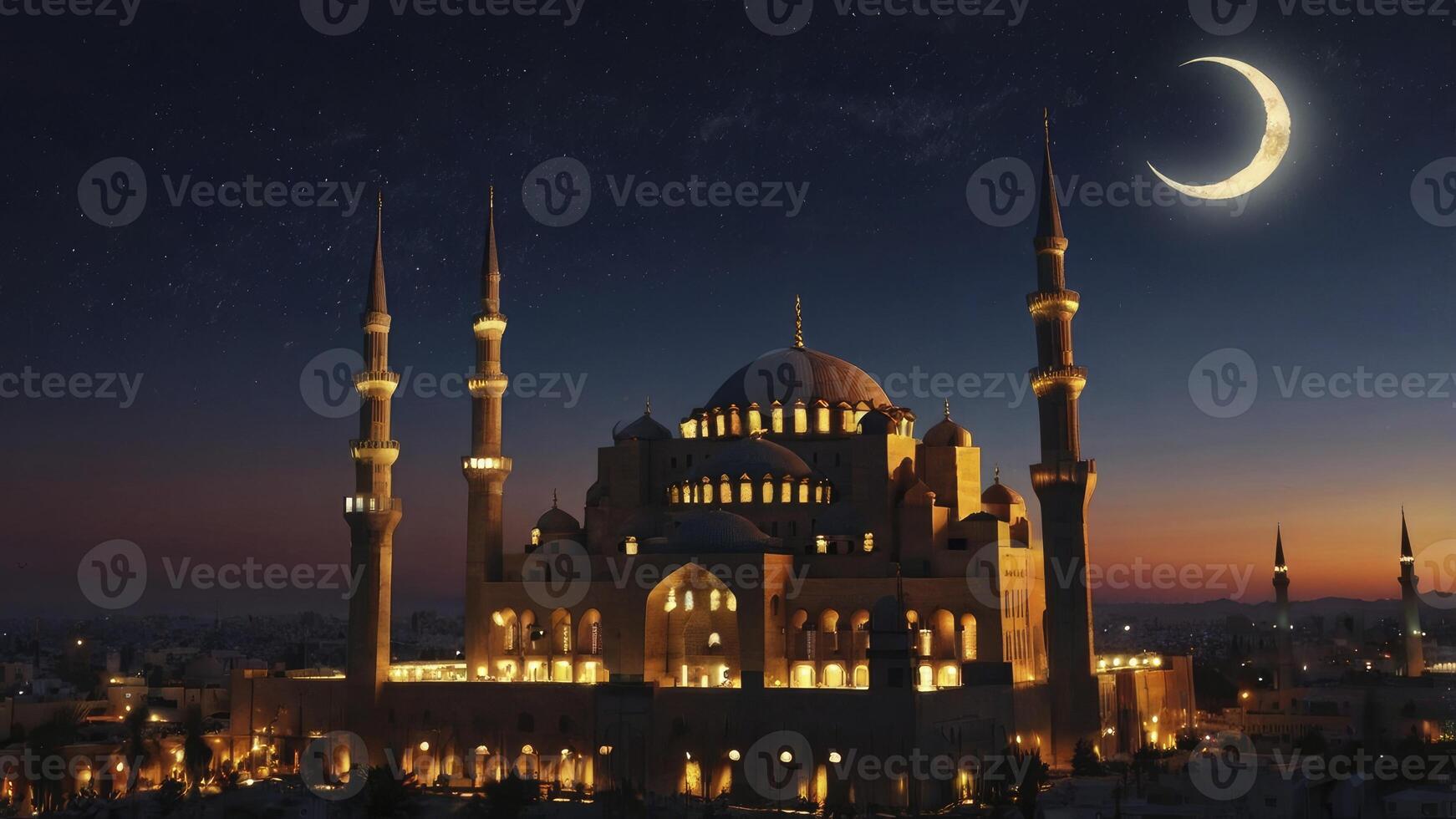 The mosque is lit up at night with a crescent moon photo