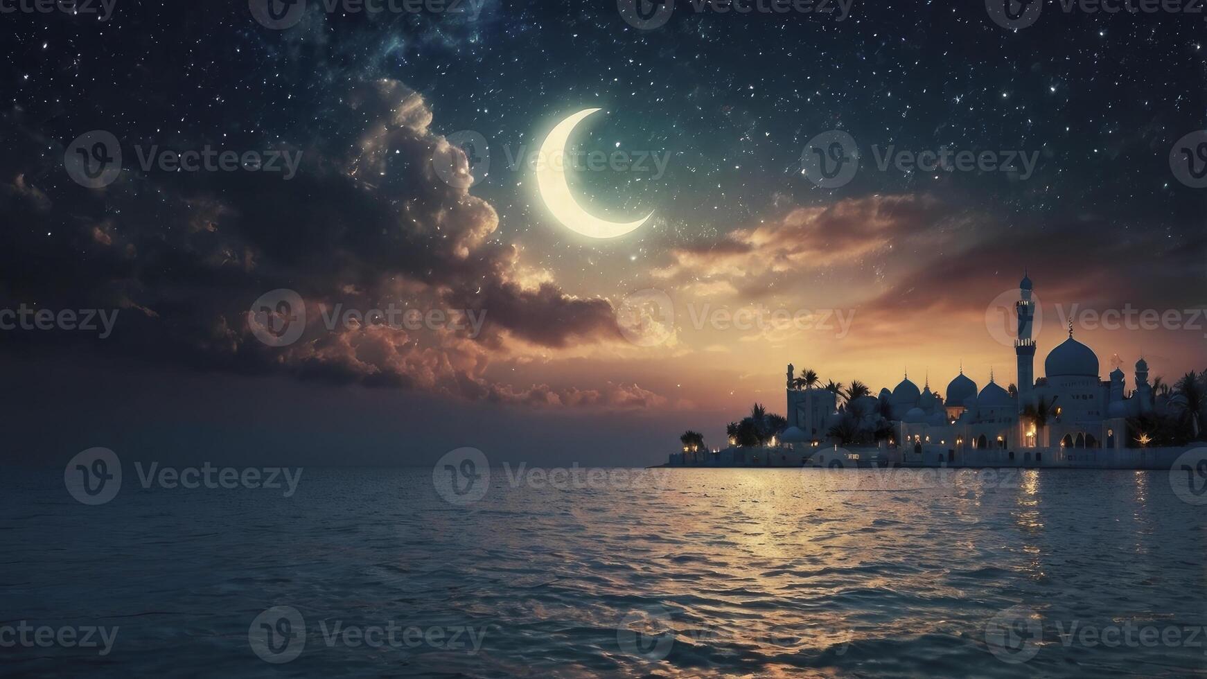 Mosque Silhouette at Night with Crescent Moon Over Ocean photo