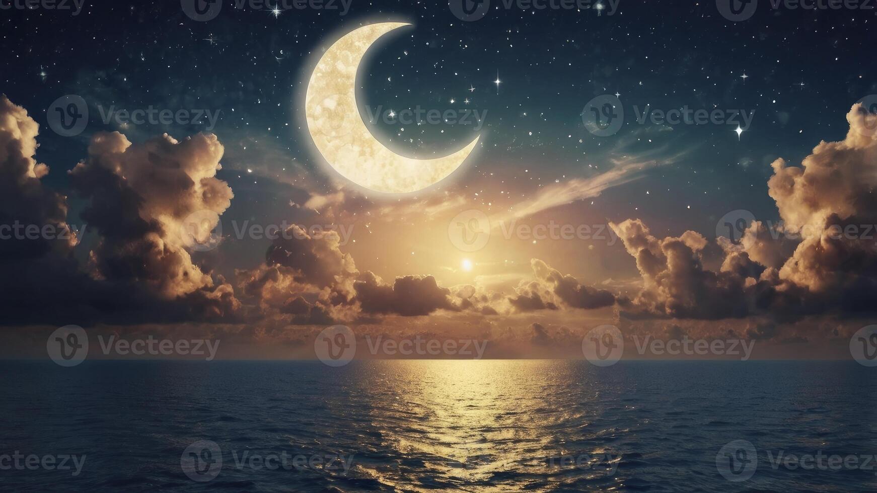 Crescent Moon Over Calm Ocean with Starry Sky and Clouds photo