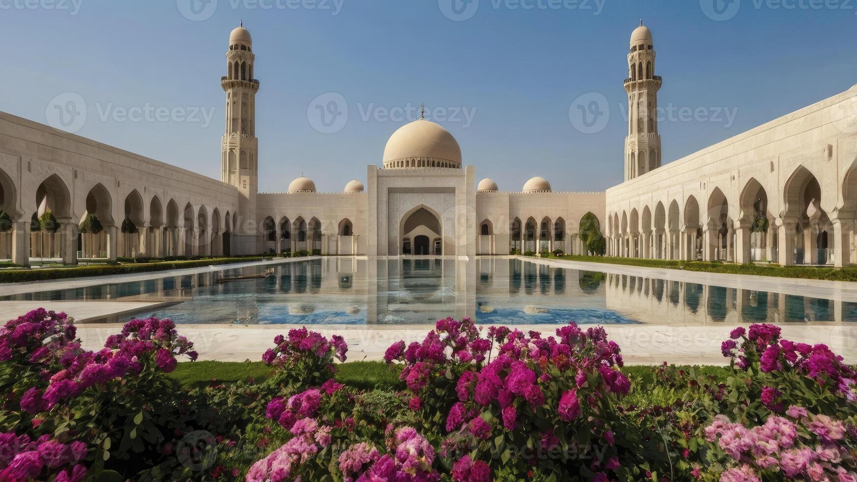 Mosque Architecture in Oman Reflecting in Pool with Purple Flower Garden photo