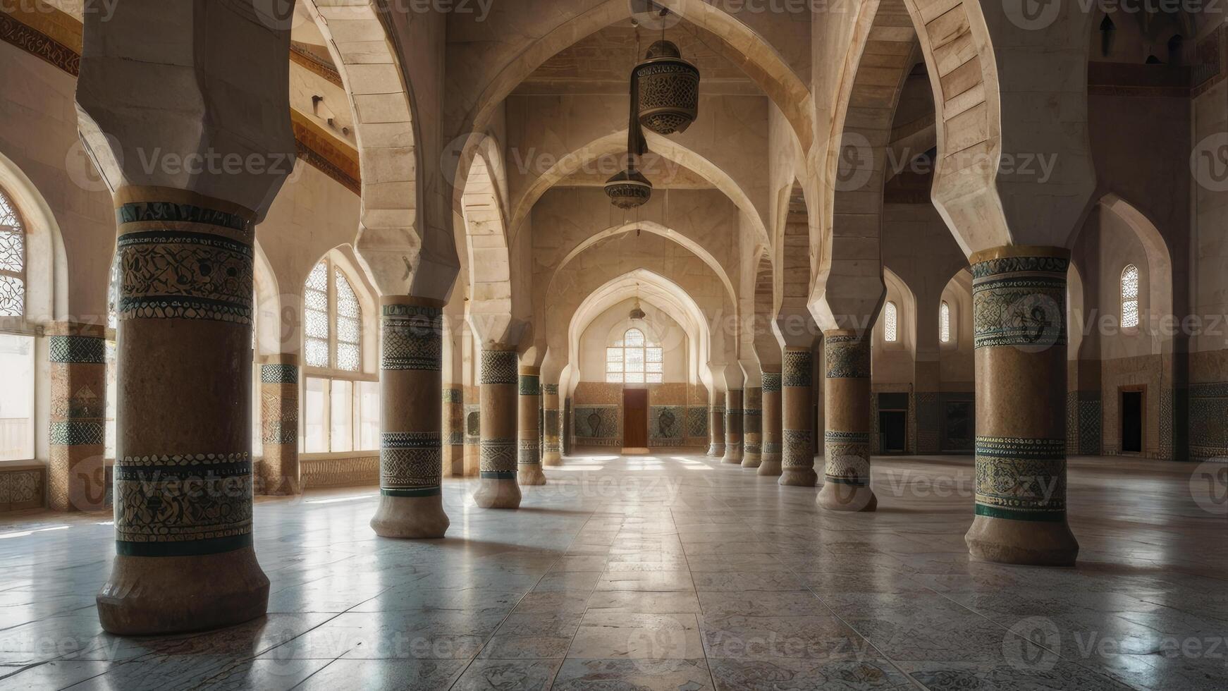 Exploring the Grand Interior of a Mosque with Arches and Pillars photo