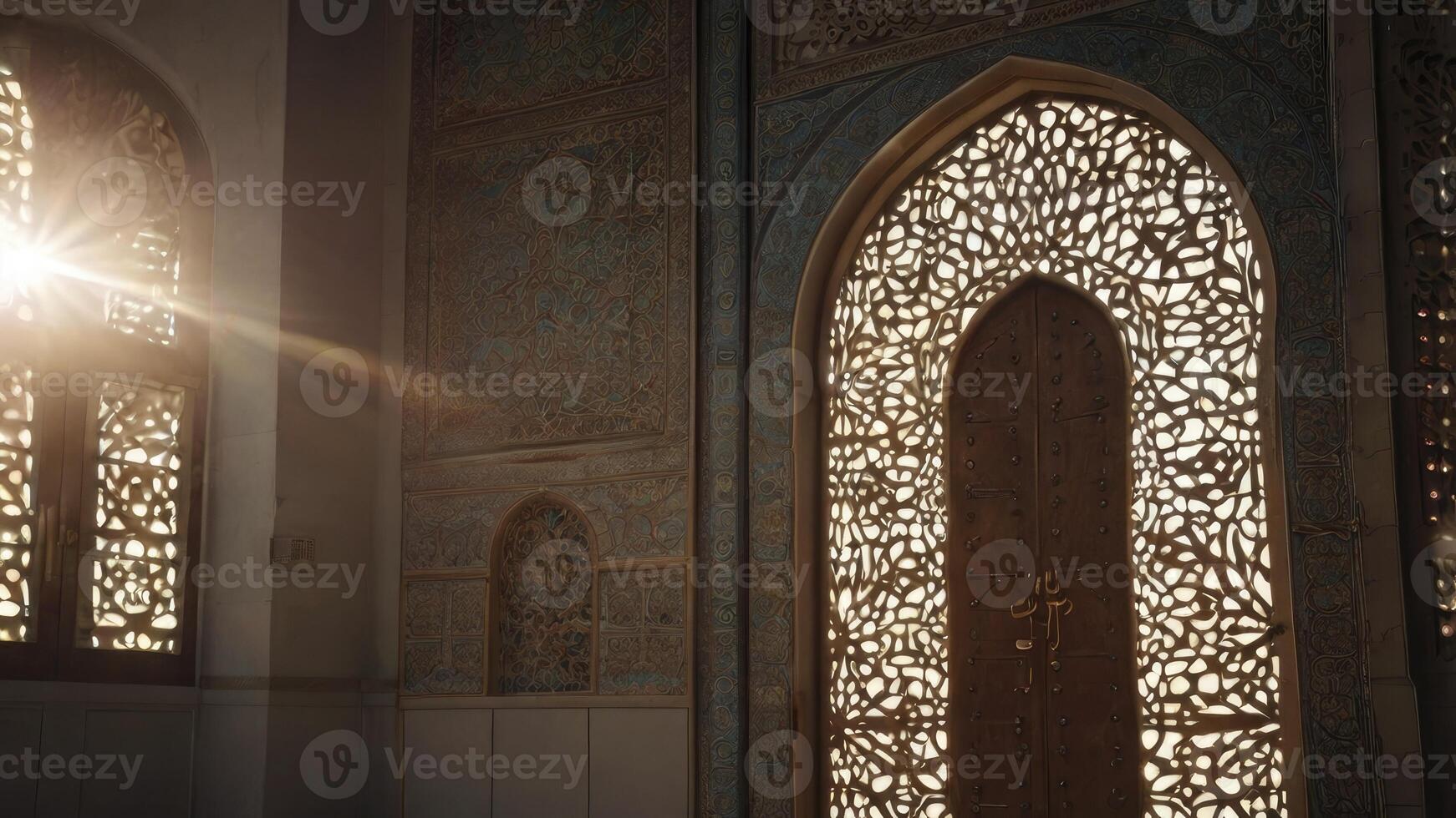 Intricate Islamic Doorway with Sunlight Streaming Through Carved Windows Pattern photo