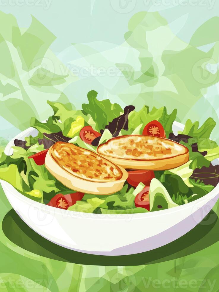 Fresh Salad with Toasted Bread Rounds and Tomatoes in White Bowl photo
