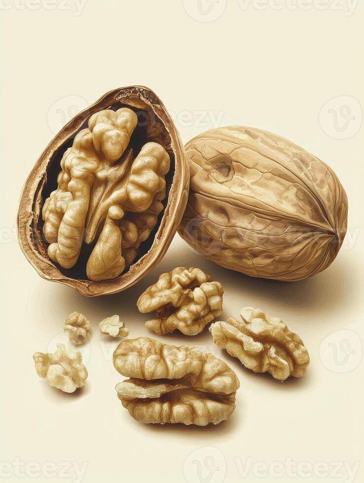 Walnuts Still Life Showing Shelled and Unshelled Nuts on Plain Background photo