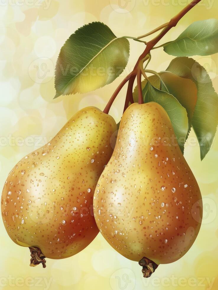 Two Ripe Pears Hanging From Branch with Dew Drops Close Up photo