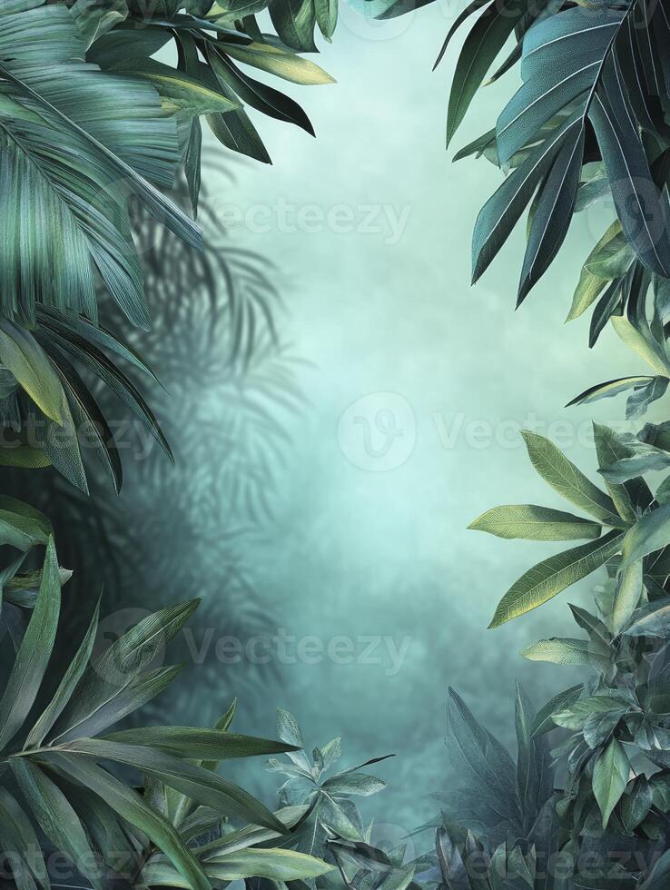 Tropical Leaves Frame Background with Teal Hue for Nature-themed Designs photo