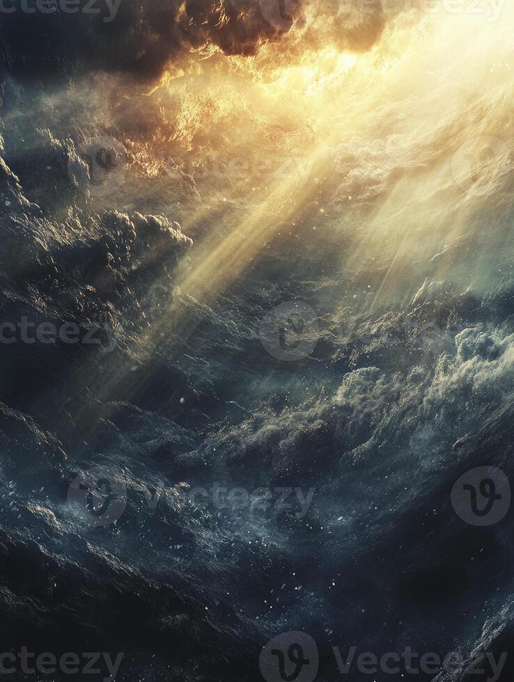 Dramatic Clouds and Golden Light Rays Creating Celestial Atmosphere Effect photo