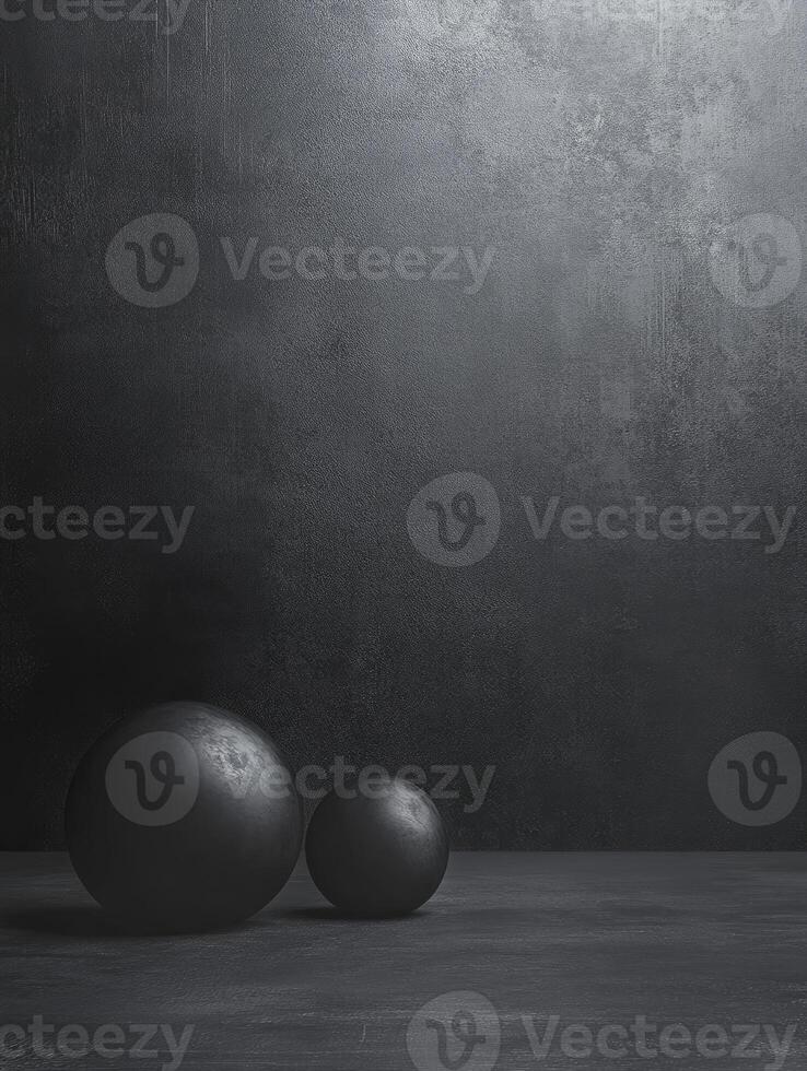 Black Spheres on Dark Background with Minimalist and Moody Studio Setting photo