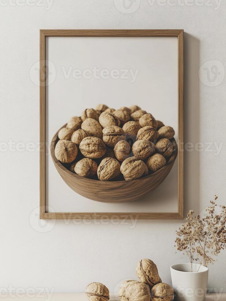Framed Walnut Bowl Art Print on Wall with Minimalist Decor photo