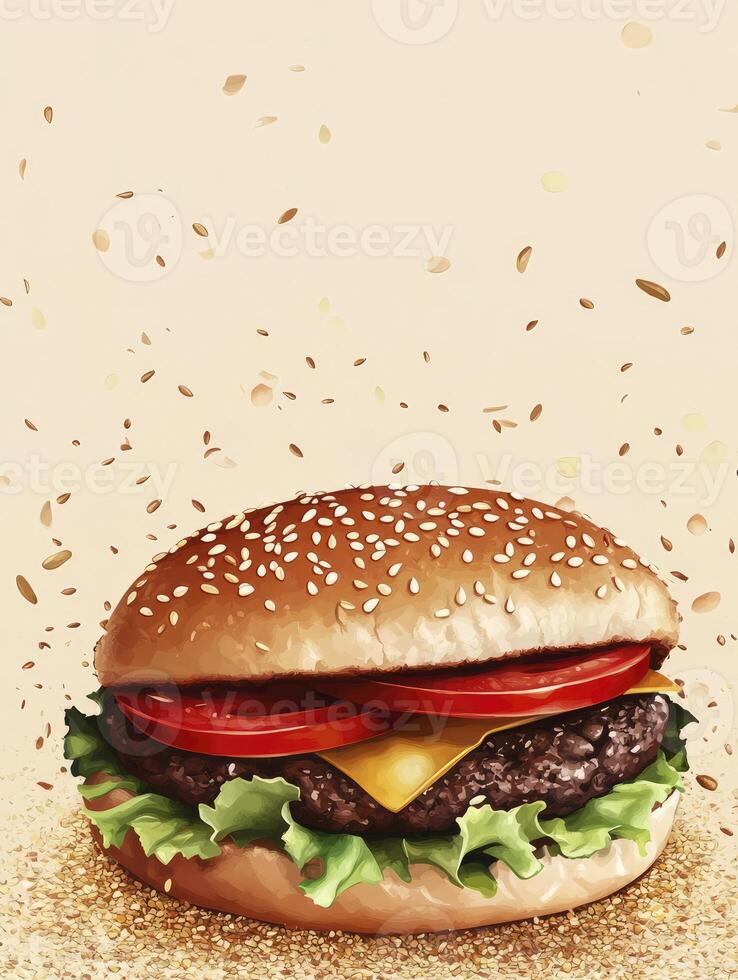 Appetizing Hamburger Illustration with Sesame Bun and Fresh Ingredients photo