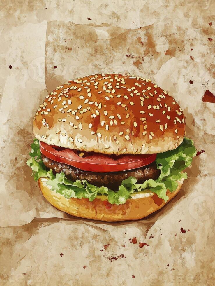 Delicious Sesame Seed Burger with Tomato and Lettuce on Paper photo