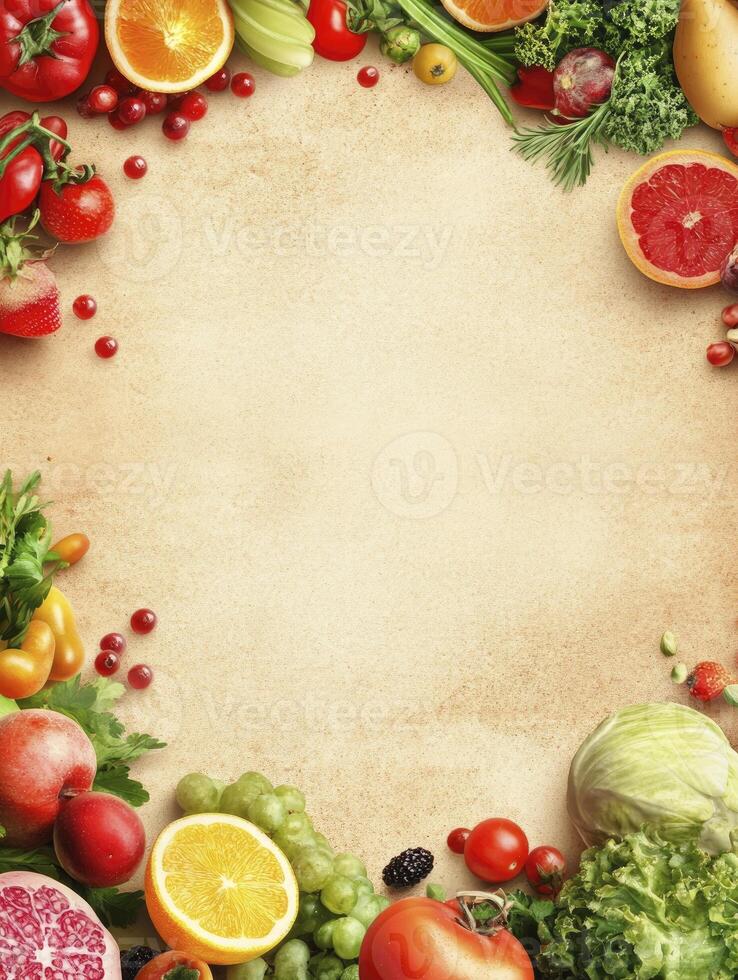 Fresh Fruits and Vegetables Bordering a Beige Surface with Copy Space photo