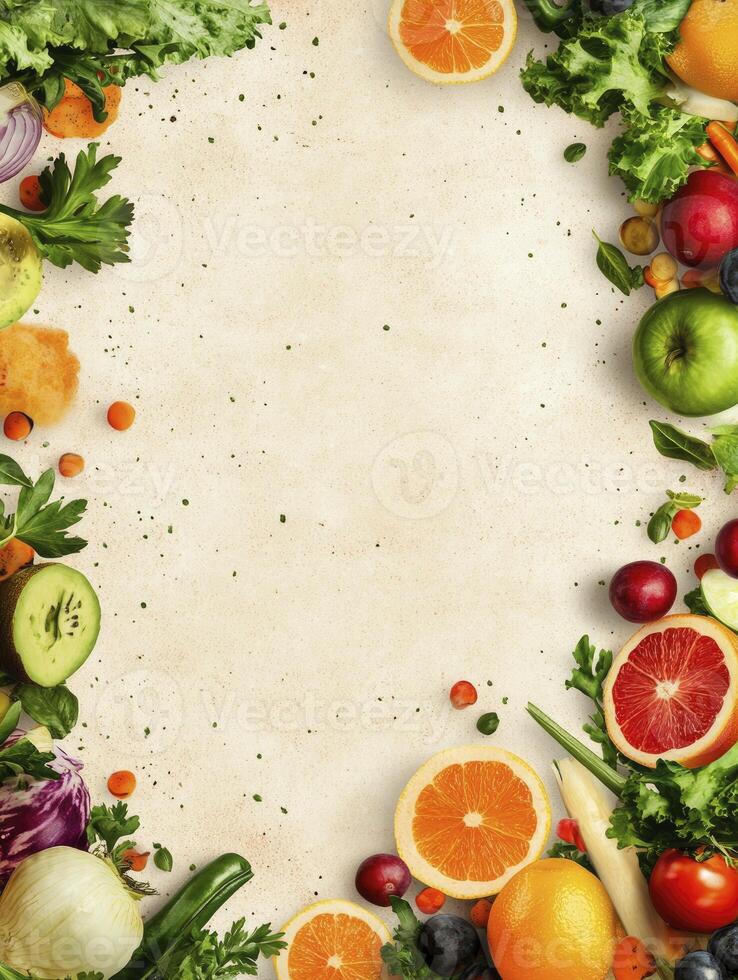 Colorful Fresh Fruits and Vegetables Frame on Textured Neutral Background photo