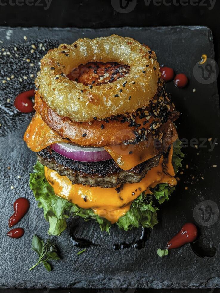 Stacked Gourmet Burger on Slate Plate with Onion Ring and Ketchup photo