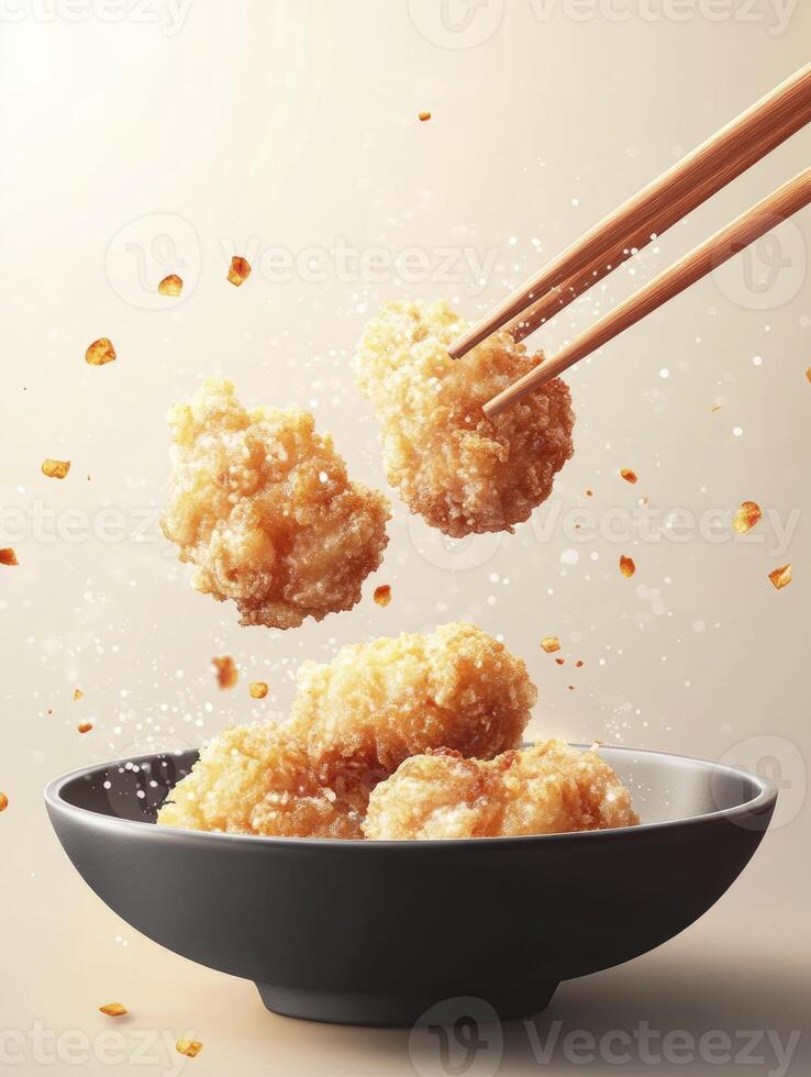 Picking Golden Fried Chicken Pieces with Chopsticks Over a Bowl photo