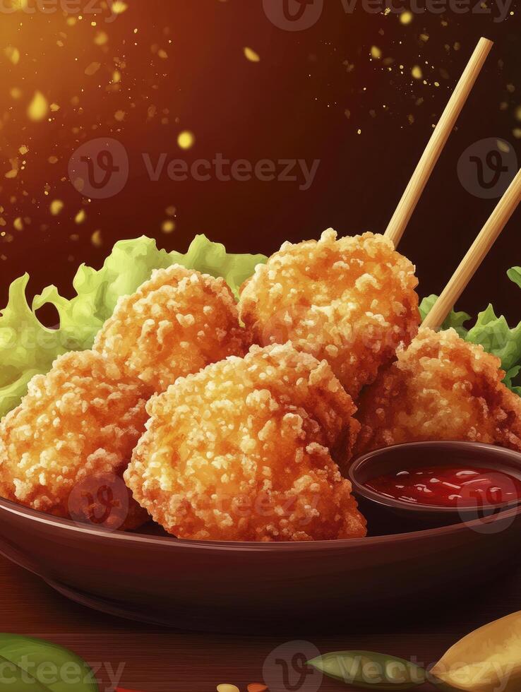 Appetizing Fried Chicken Skewers with Lettuce and Sauce Ready to Eat photo