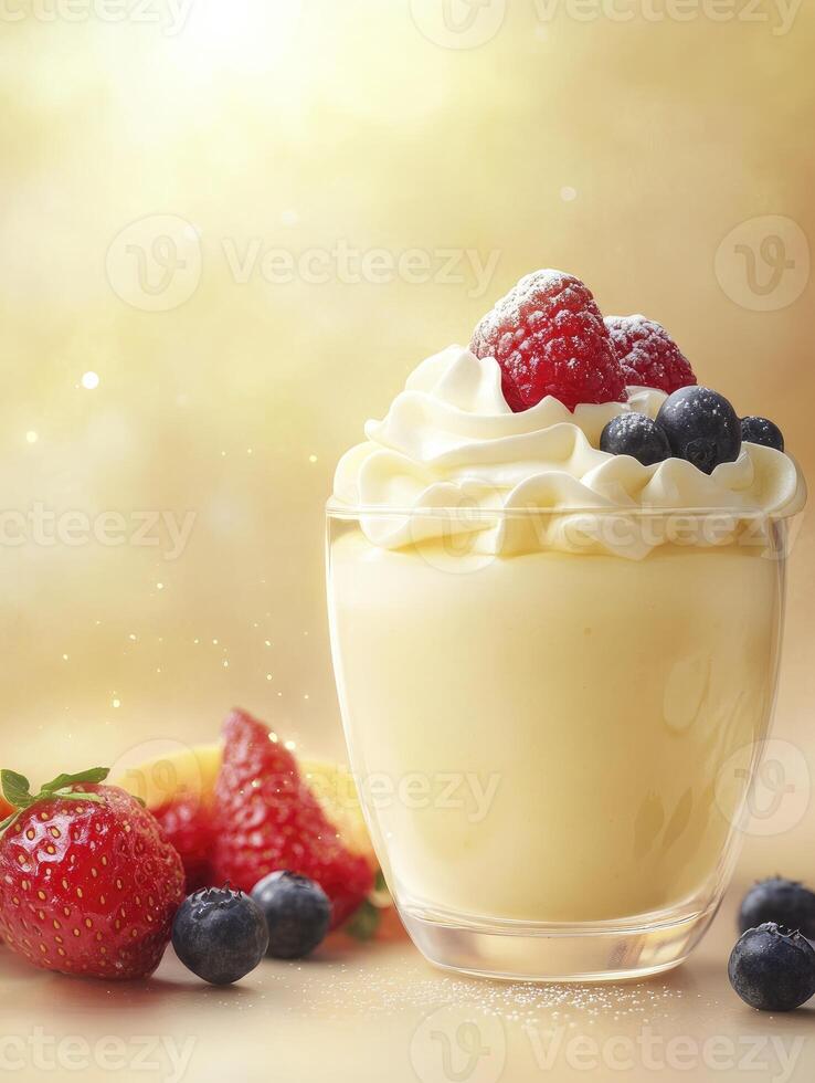 Creamy Dessert in Glass Topped with Whipped Cream and Fresh Berries photo