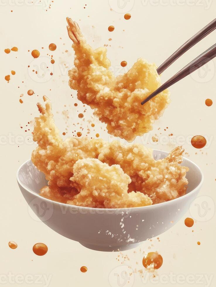 Enjoying Crispy Golden Tempura Shrimp with Chopsticks and Soy Sauce Drops photo