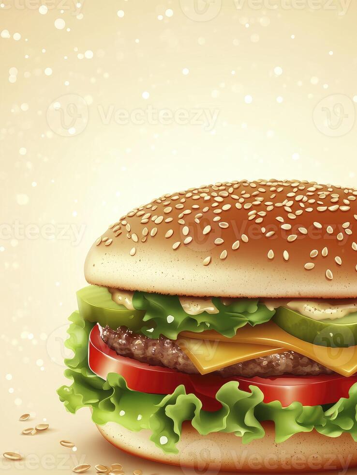 Close Up Delicious Burger Illustration with Lettuce Tomato and Cheese photo
