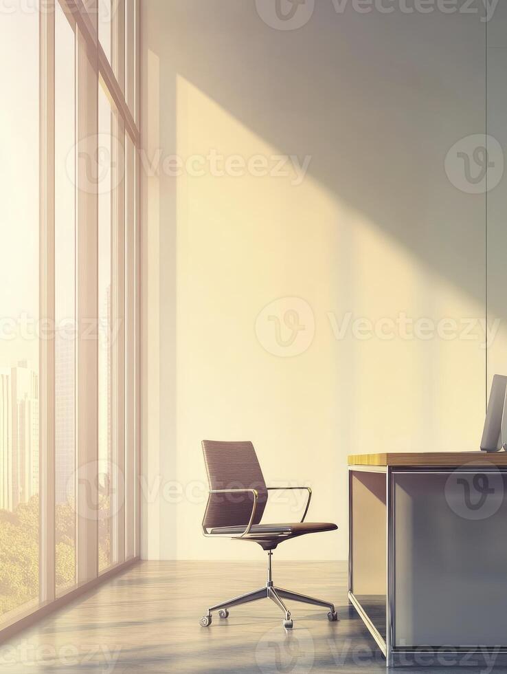 An empty office with a chair and desk photo