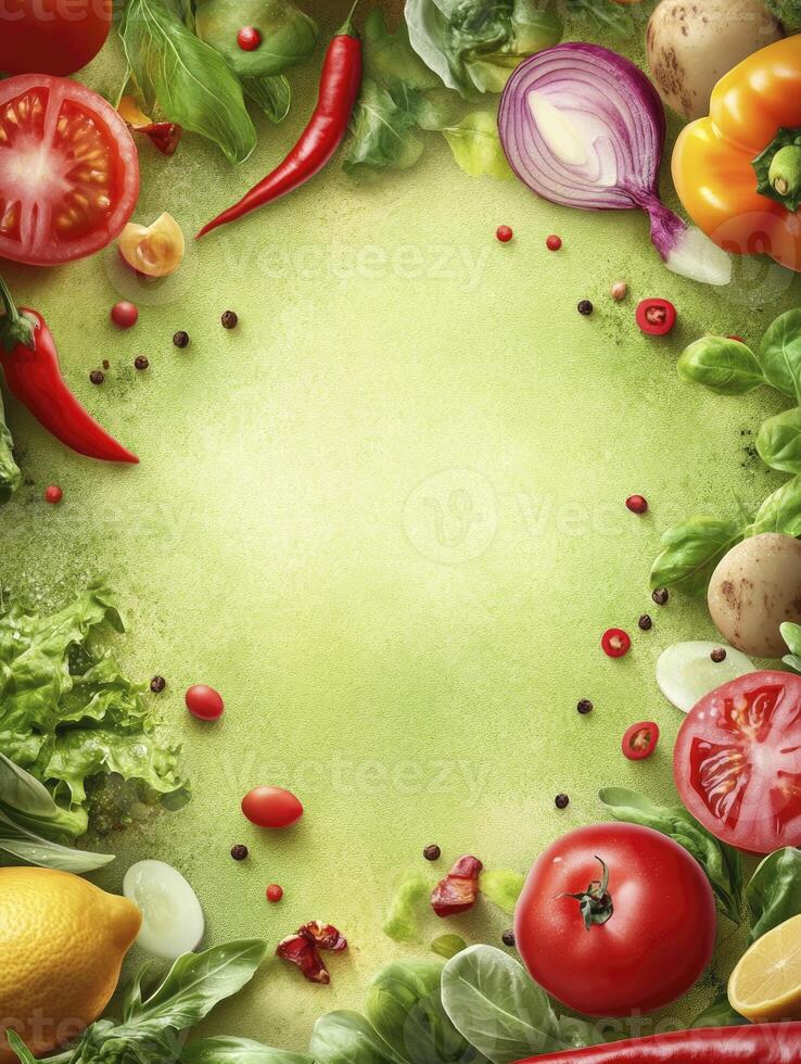 Fresh Vegetables and Herbs Border on Green Background with Copy Space photo