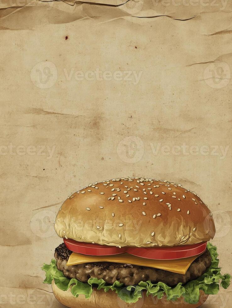 Delicious Hamburger Artwork on Crumpled Paper with Fresh Ingredients Close-up photo