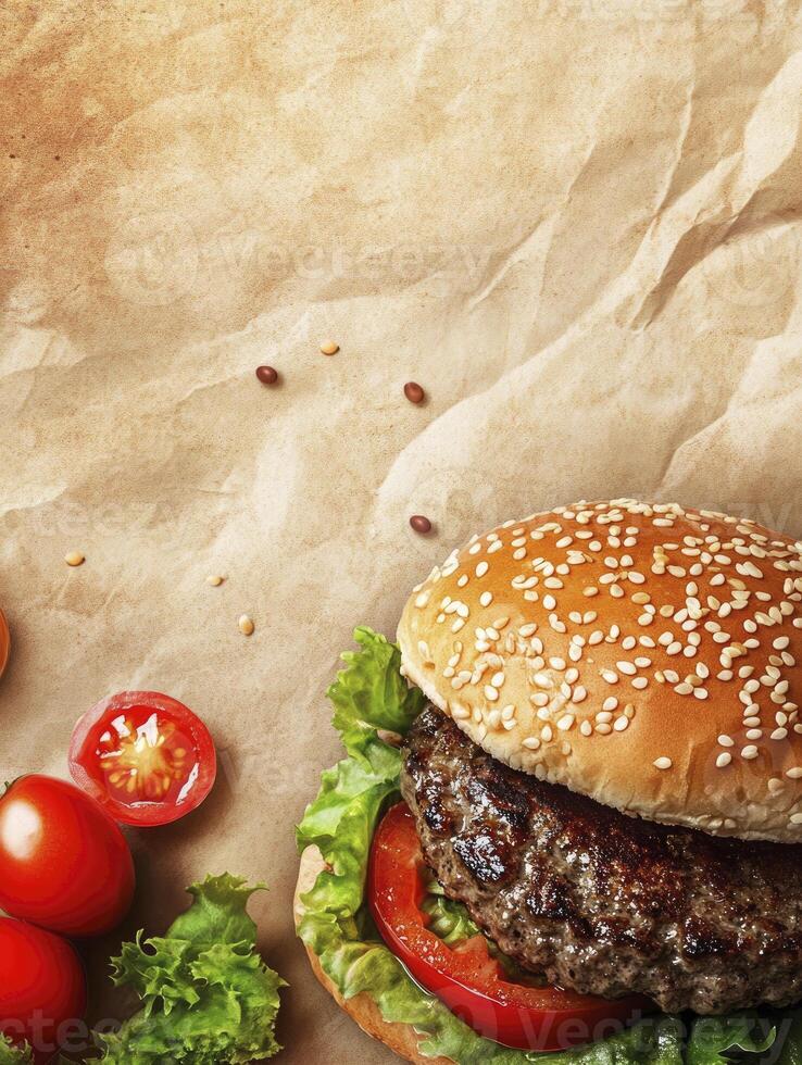 Delicious Burger with Fresh Tomatoes and Lettuce on Textured Paper photo