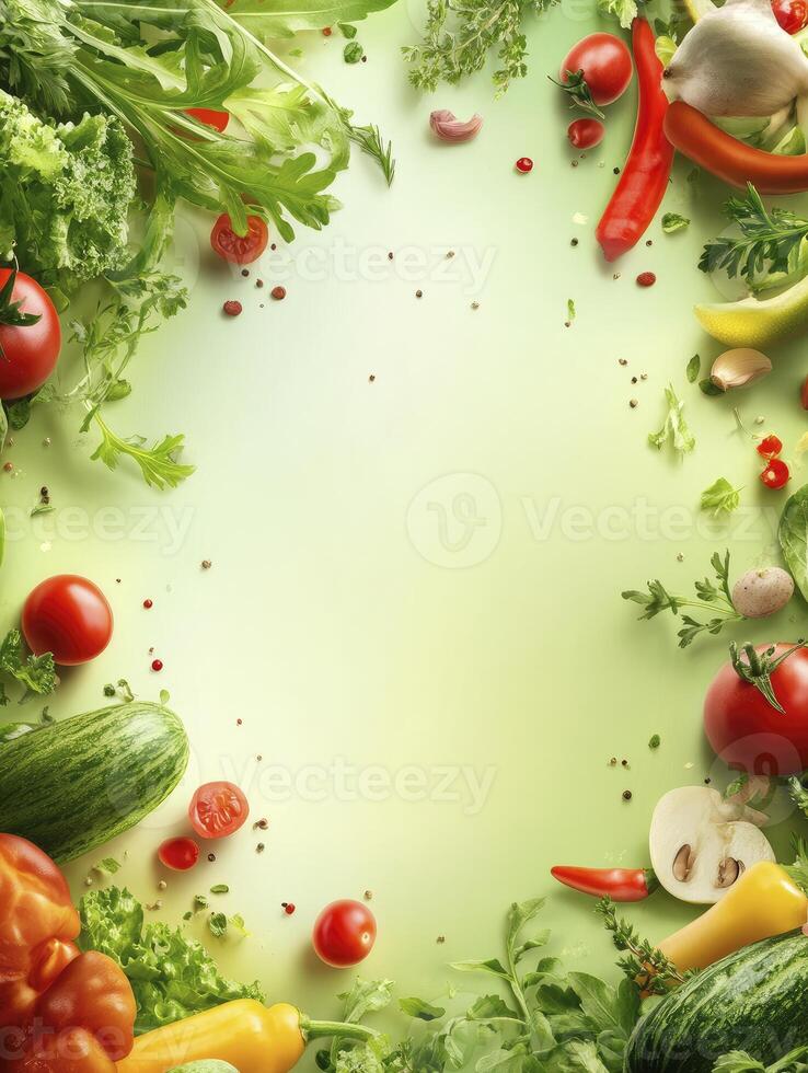 Fresh Vegetables and Herbs Frame on Light Green Backdrop for Food photo