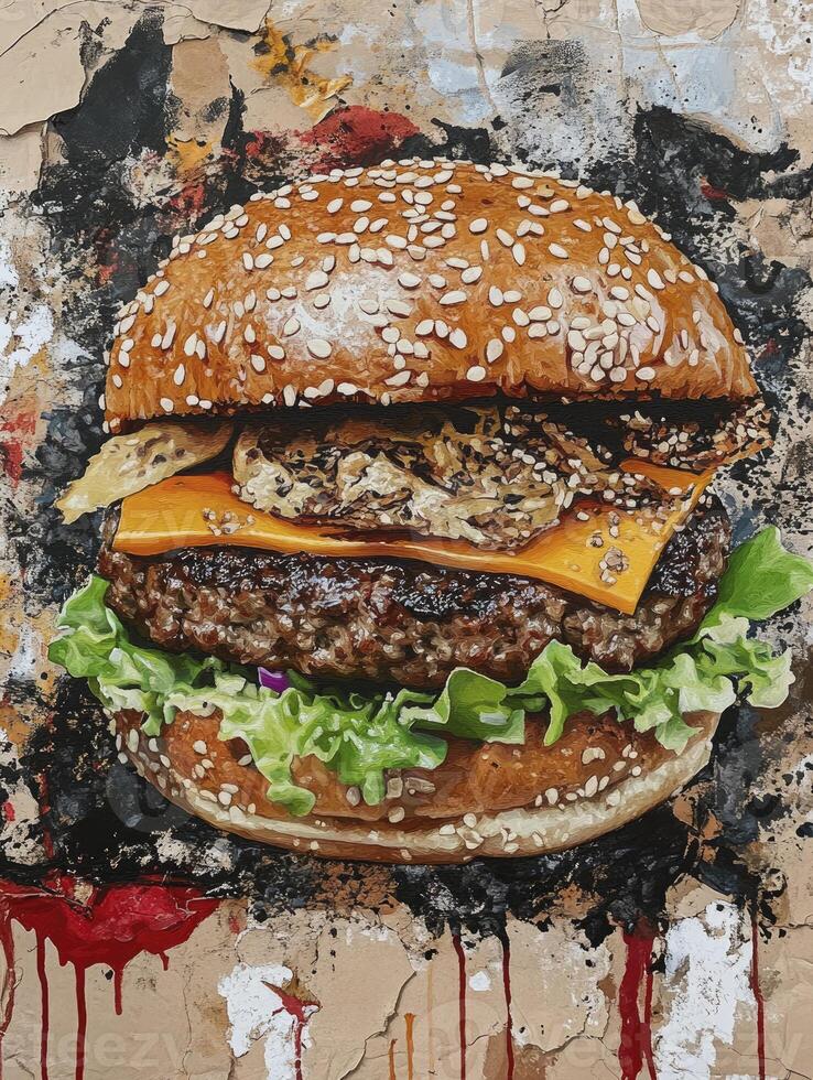 Delicious Hamburger with Cheese and Lettuce on Artistic Background Illustration photo