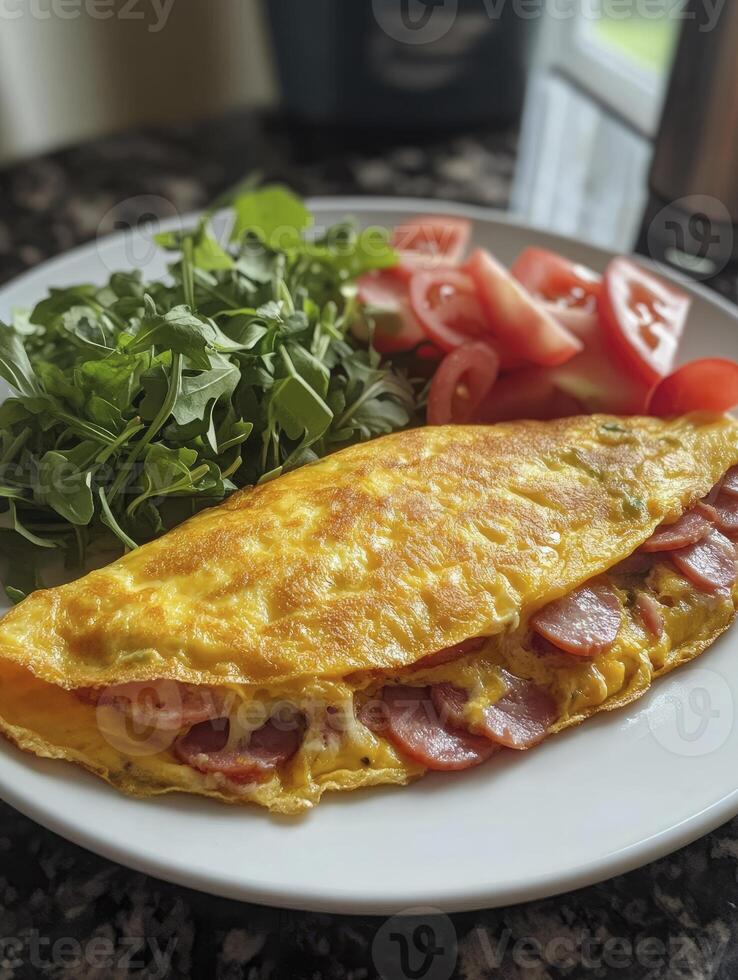 Delicious Omelette with Sausage and Fresh Salad Healthy and Tasty photo