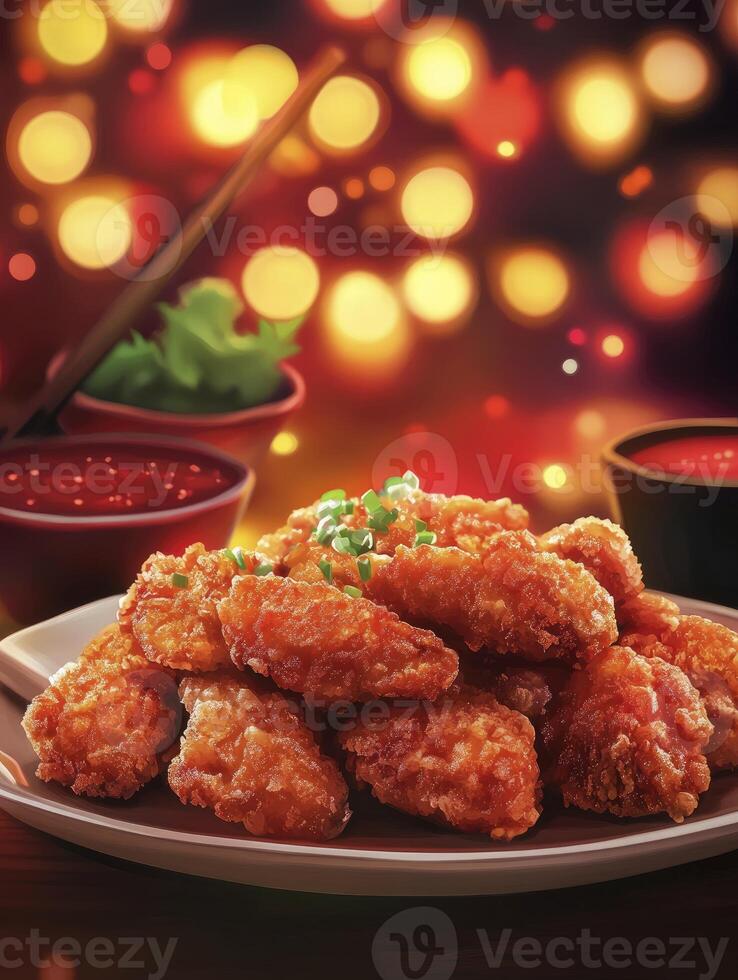 Delicious Fried Chicken Wings on Plate with Dipping Sauce and Chopsticks photo