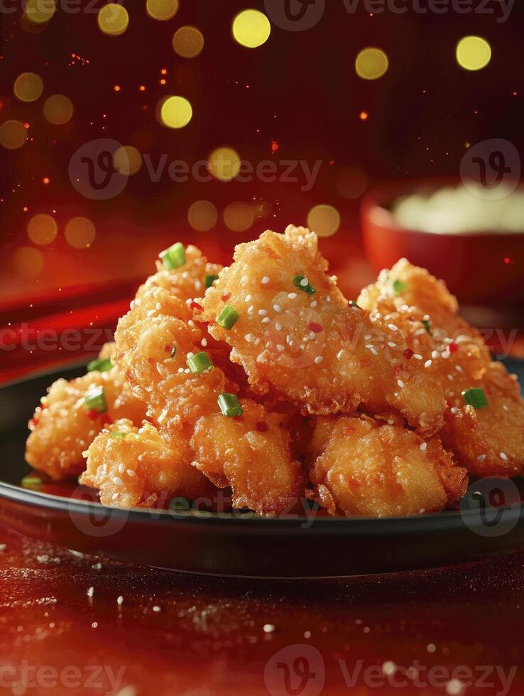 Delicious Fried Chicken Bites Garnished with Sesame Seeds and Green Onion photo