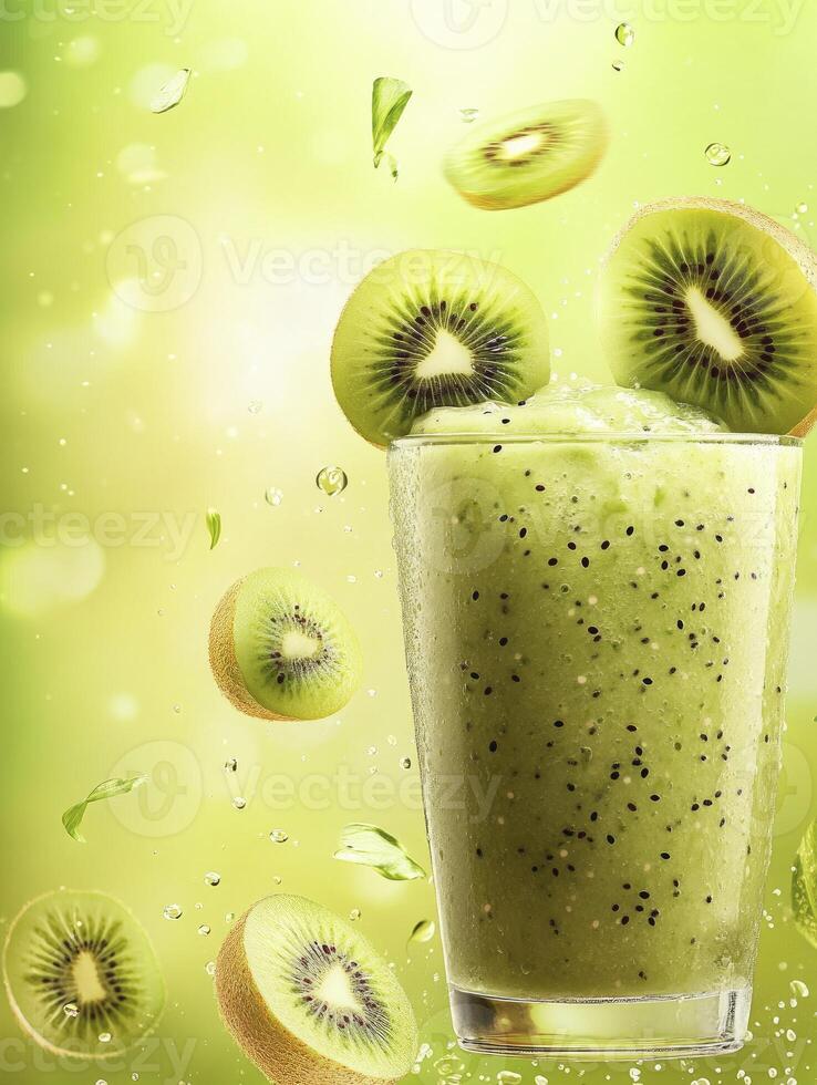Refreshing Kiwi Smoothie with Flying Fruit Slices on Green Bokeh Background photo