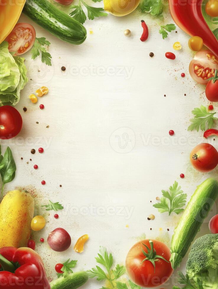 Fresh Vegetables and Herbs Frame on White Background for Menu Design photo