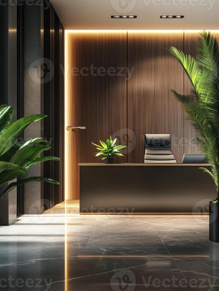 Modern Office Reception Area with Desk Plants and Marble Floor Design photo