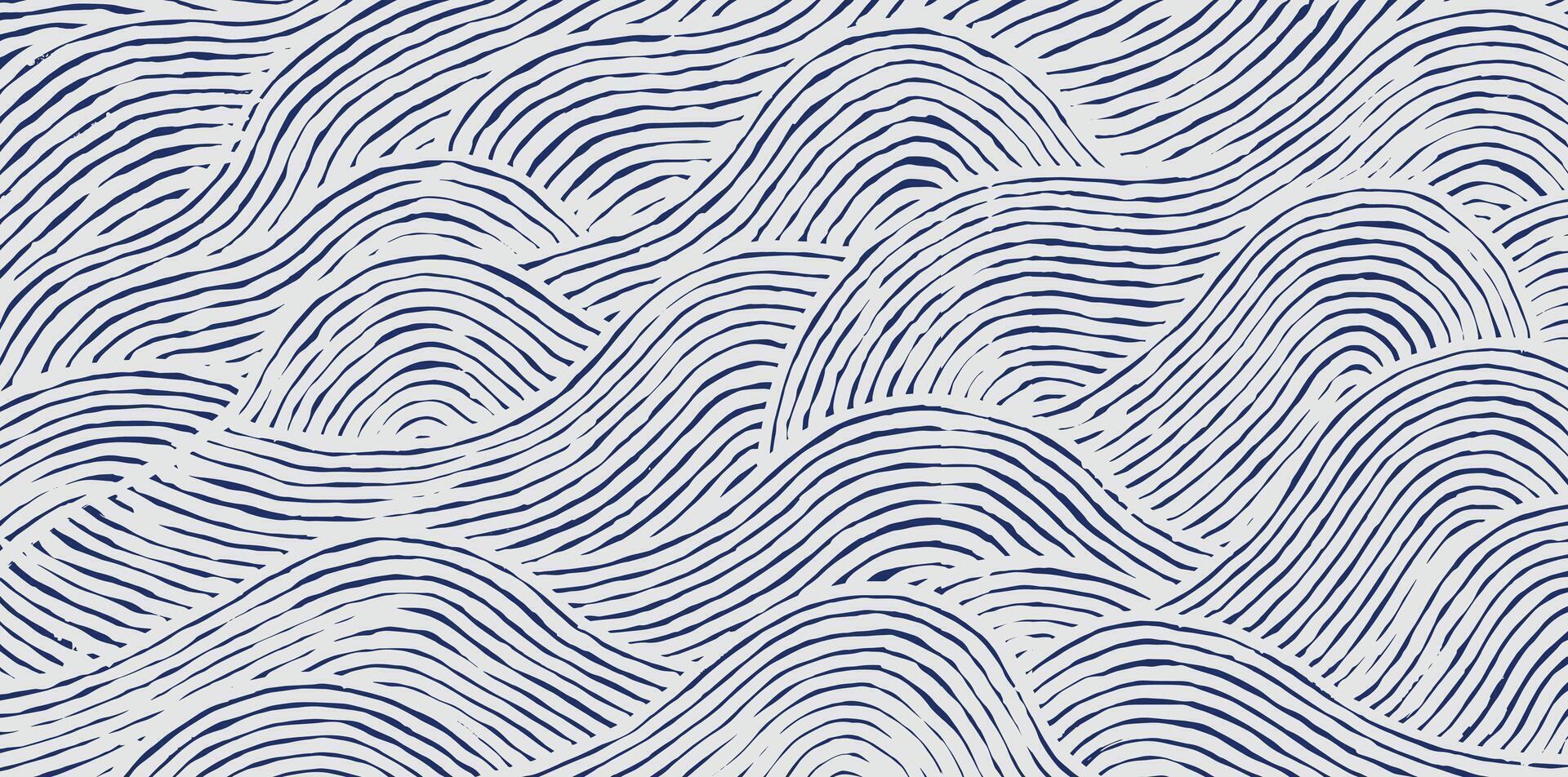 Crafted hand drawn wave brush line abstract pattern in white and indigo blue, Japanese and ethnic, tribal wood carving, block print textured surface background, simple graphic for carpet, textile vector
