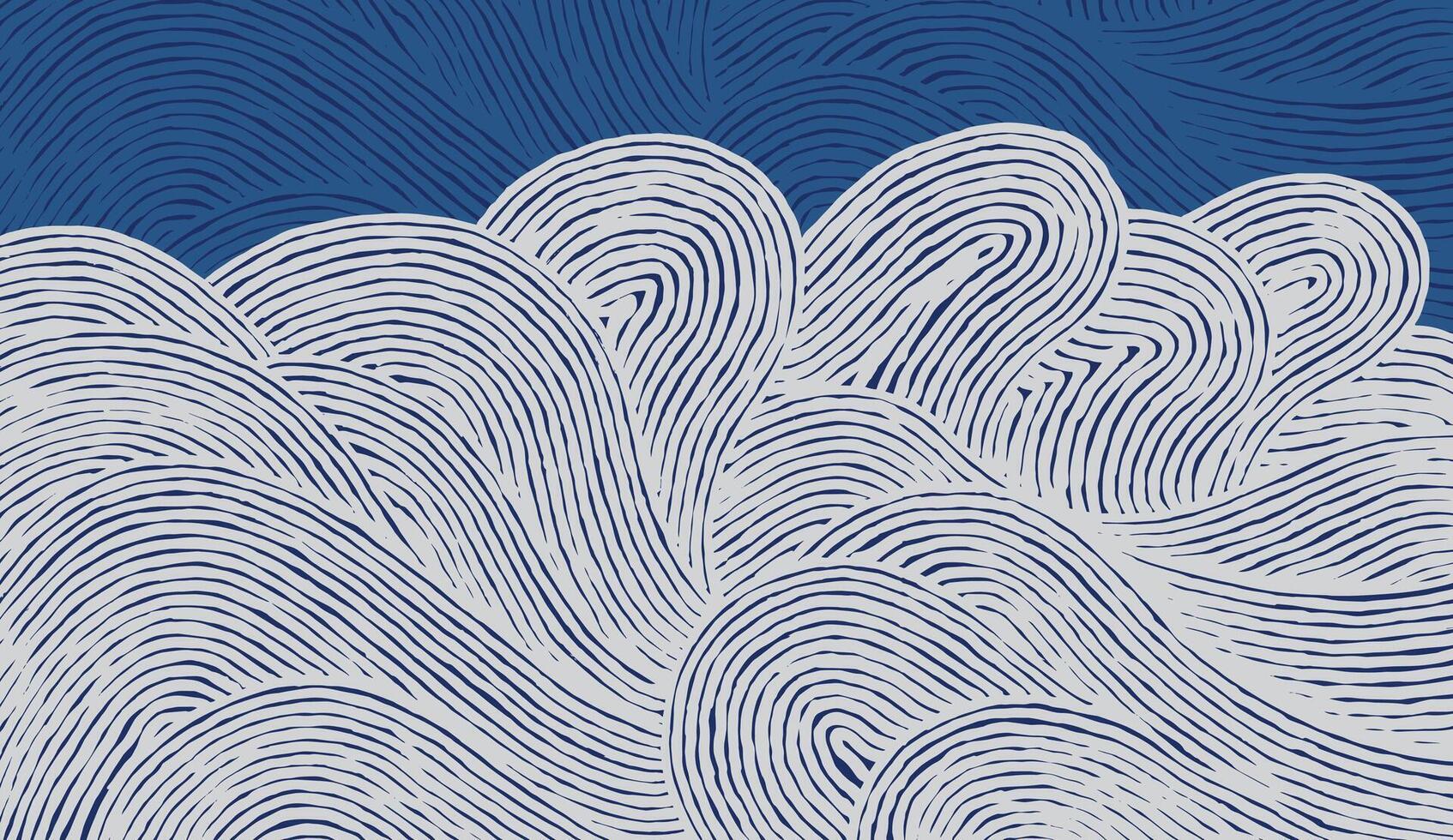 Crafted hand drawn wave brush line abstract pattern in white and indigo blue, Japanese and ethnic, tribal wood carving, block print textured surface background, simple graphic for textile, fabric vector