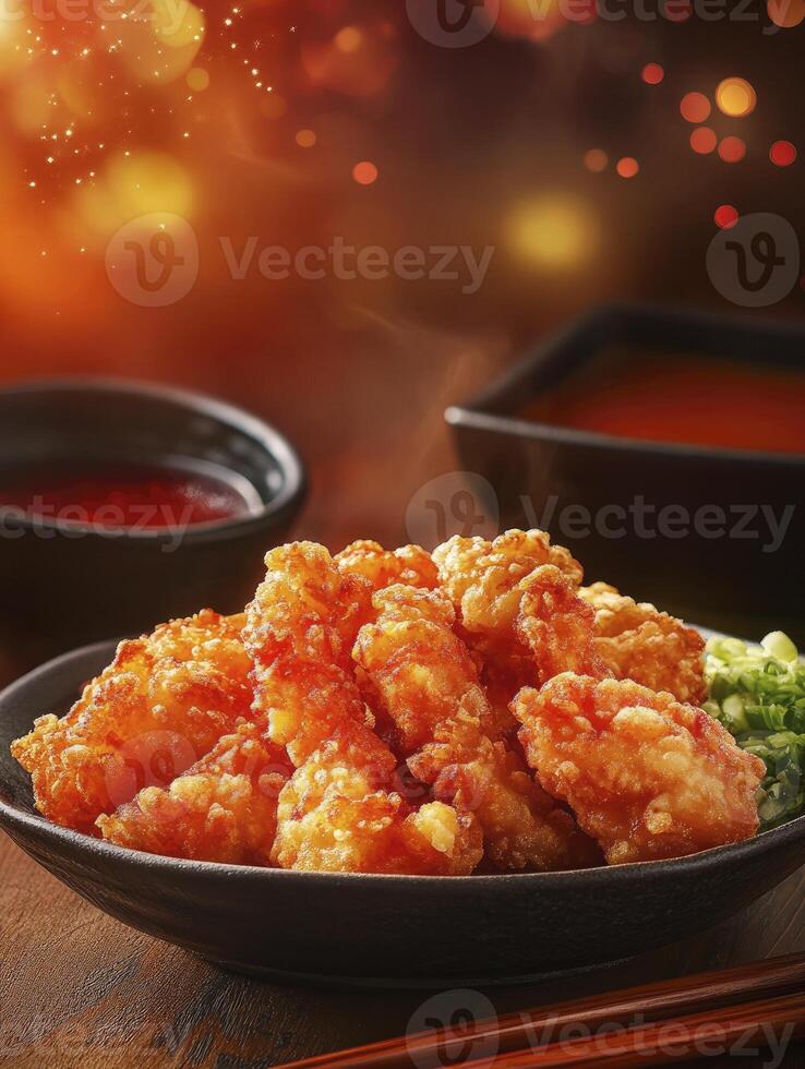 Serving of Crispy Fried Chicken with Dipping Sauces and Green Onions photo