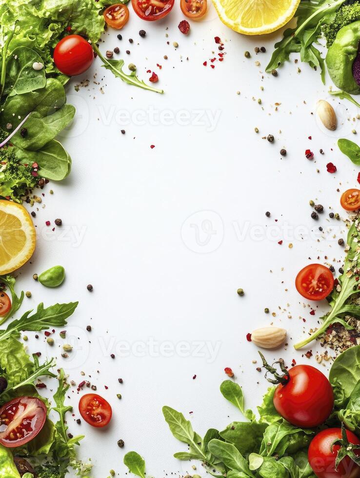 Arrangement of Fresh Salad Ingredients and Spices with Copy Space photo
