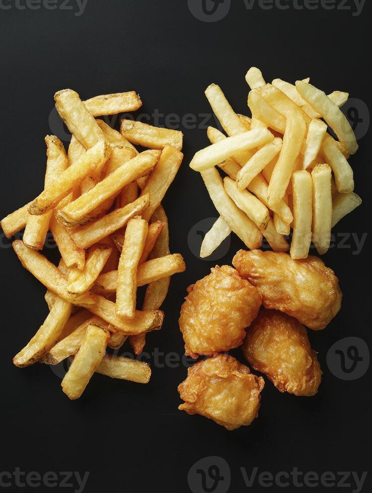 Golden Fried Chicken Nuggets and French Fries on a Black Background photo
