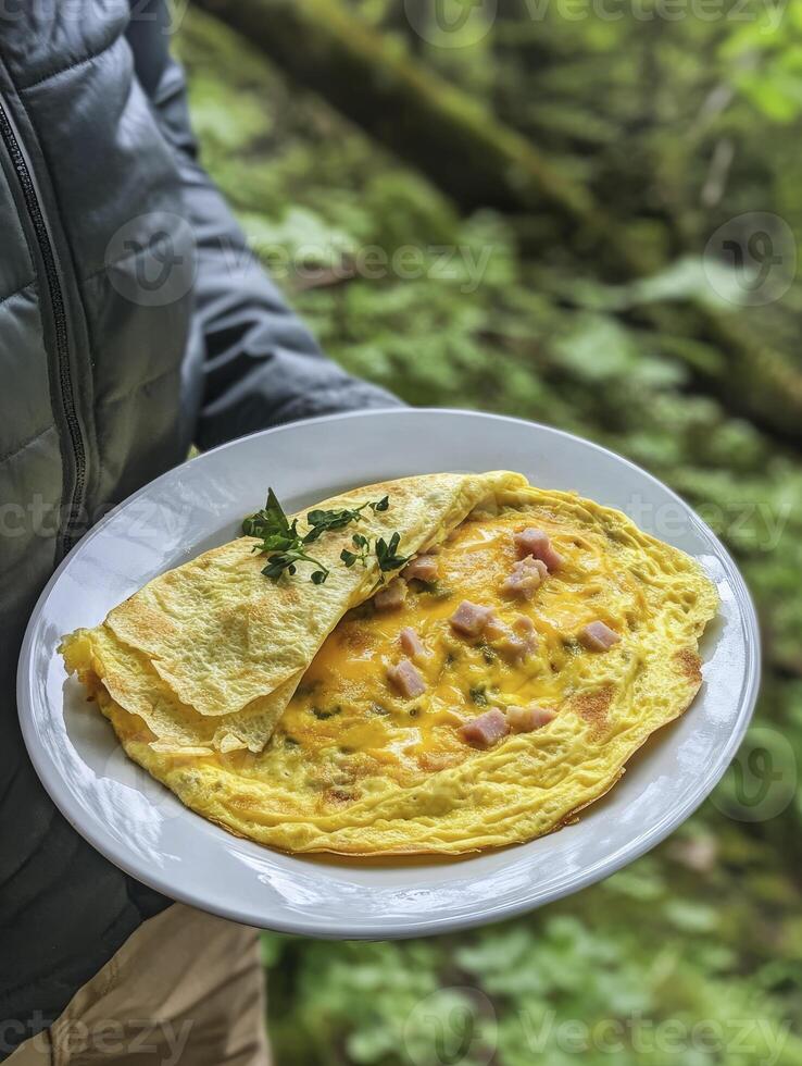Holding Omelet Plate with Ham and Cheese in Natural Woodland Setting photo