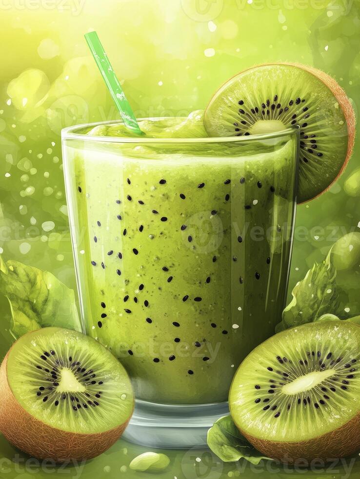 Enjoying Refreshing Kiwi Smoothie in Glass with Straw and Fruit Slices photo