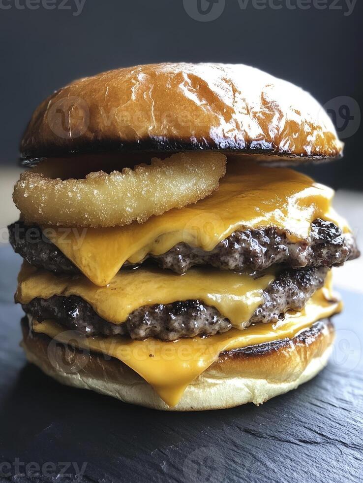 Double Cheeseburger with Onion Ring Topping on Dark Textured Surface photo