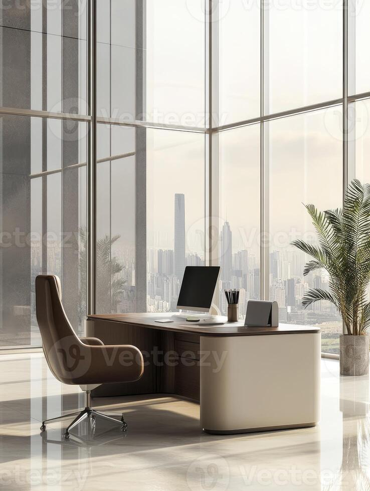 Modern Office Workplace with Computer and City View at Daytime photo