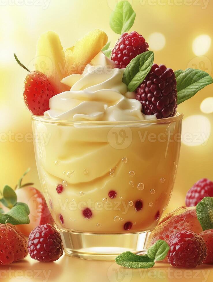 Refreshing Fruit Dessert with Cream and Berries in Glass Cup photo