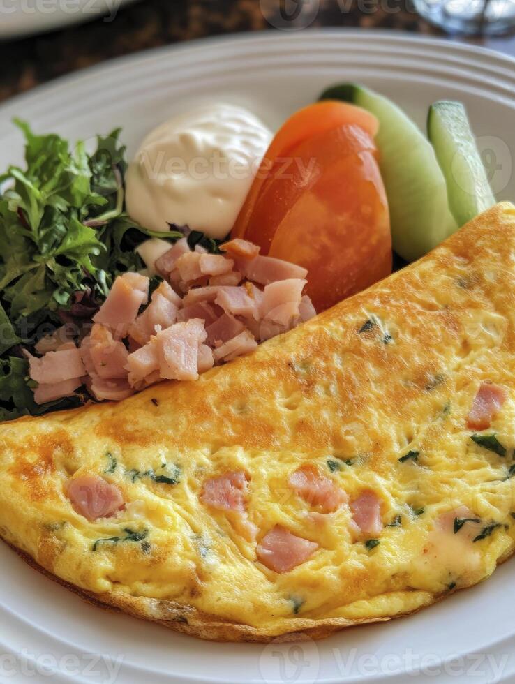 Delicious Ham and Spinach Omelet with Salad for Healthy Breakfast photo