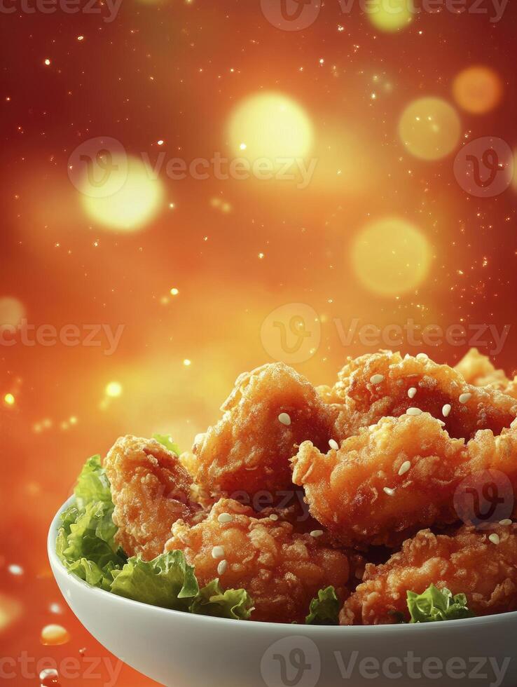 Crispy Fried Chicken Bites in Bowl with Lettuce and Bokeh Lights photo