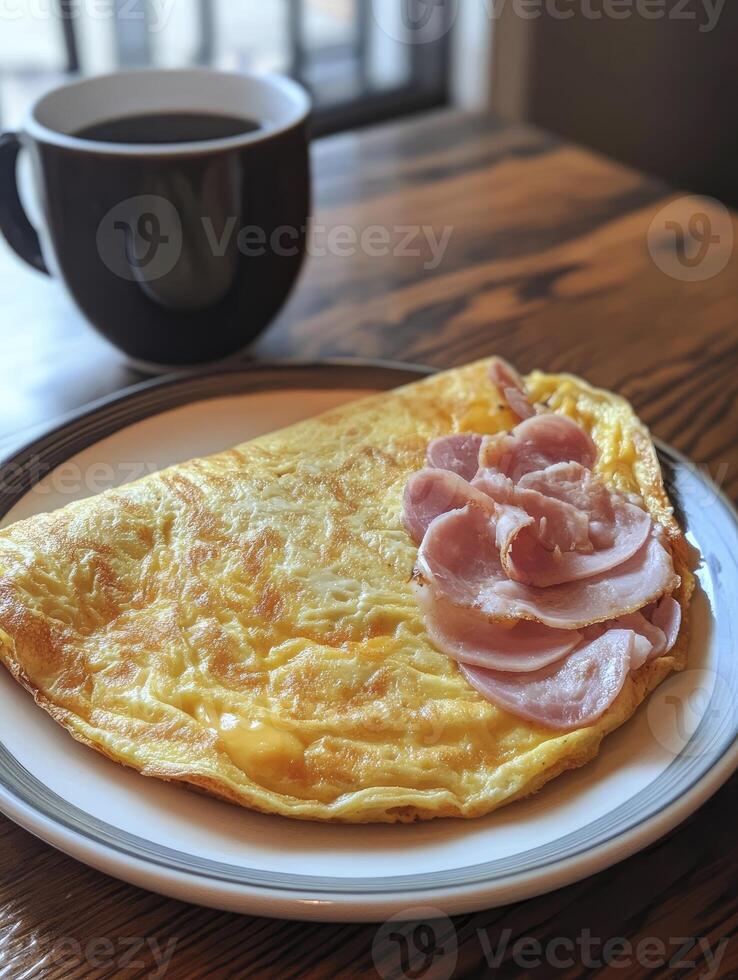 Omelet with Ham and Coffee Served on Plate for Breakfast photo