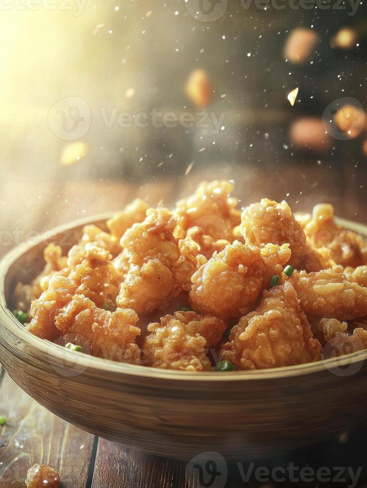 Delicious Crispy Fried Chicken Bites in Bowl on Wooden Tabletop photo
